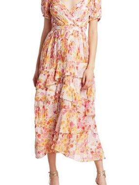 Monique Lhuillier Pink and Yellow Floral Tiered Midi Dress